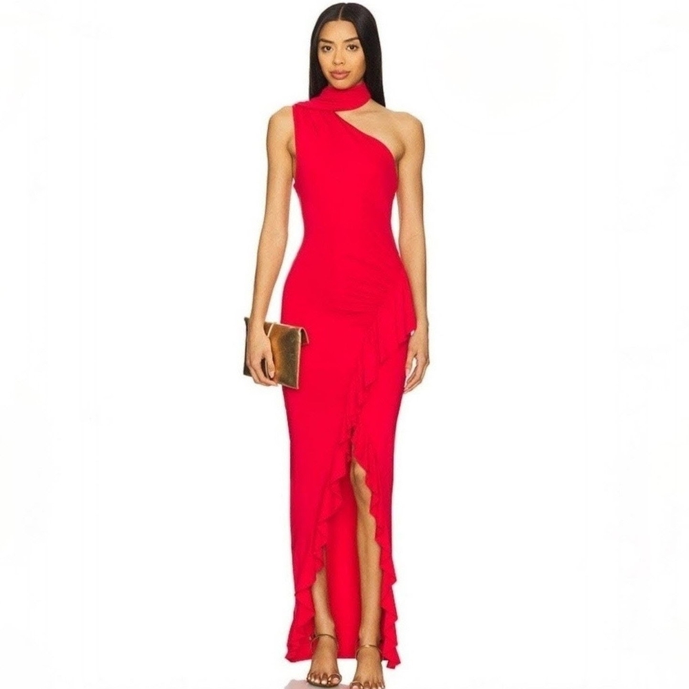 superdown Red One-Shoulder Ruffle-Trim Maxi Dress